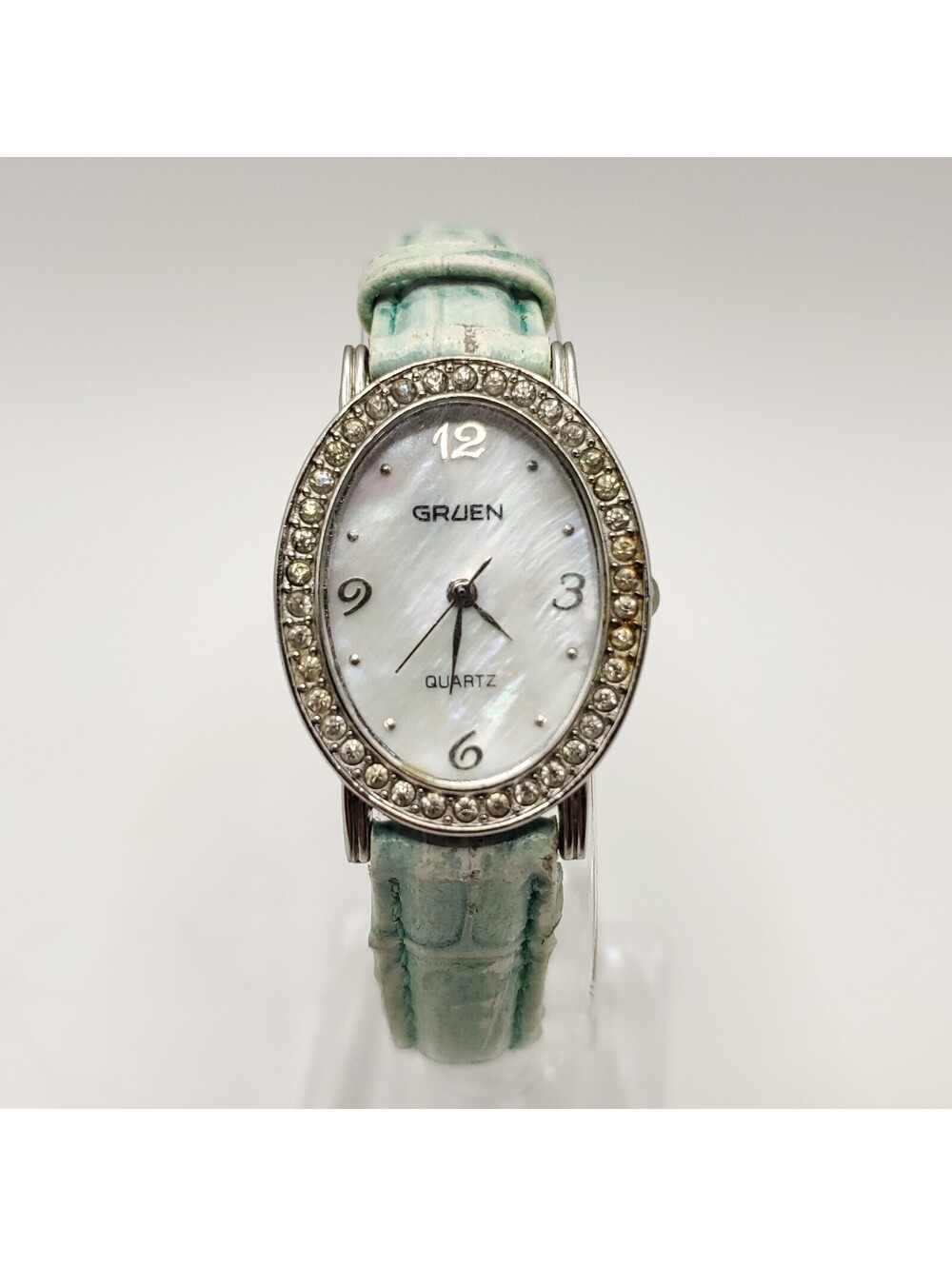 Gruen Rhinestone Bezel MOP Dial Womens Watch 24mm Oval New Battery